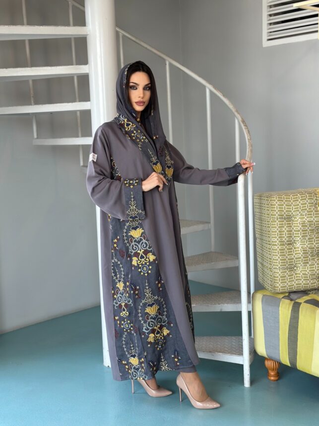 Collar flower embroidery abaya, Linen materials