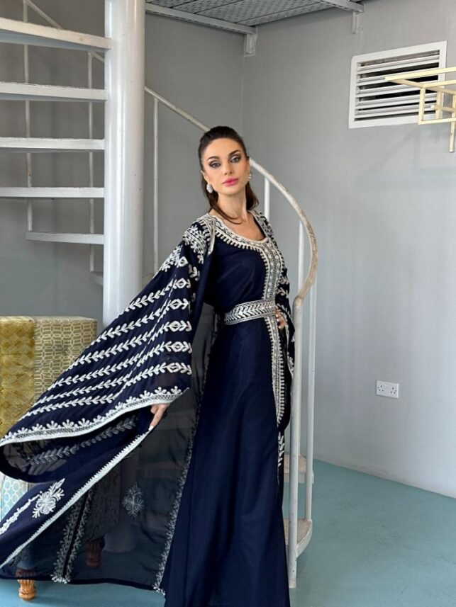 Ramadan Jalabiya w/ full silver embroidery, Tulle & cotton materials
