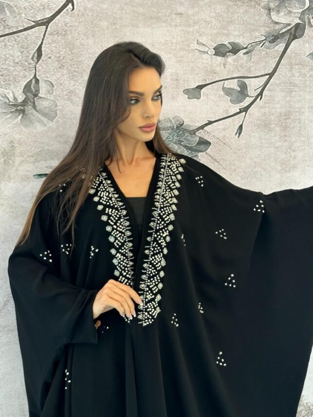 Cape abaya, Full beads on neckline, Crepe materials