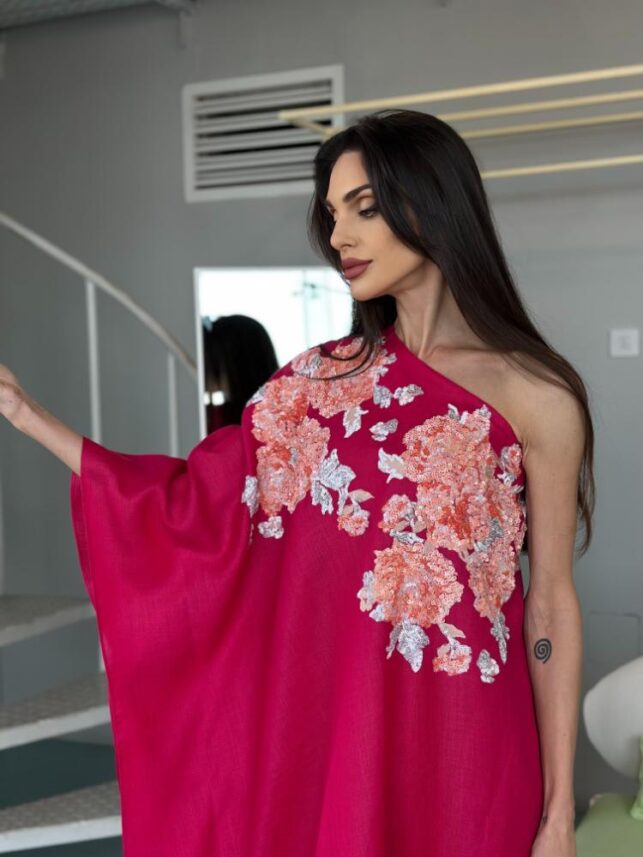intricate beads design oneside dress, Linen materials