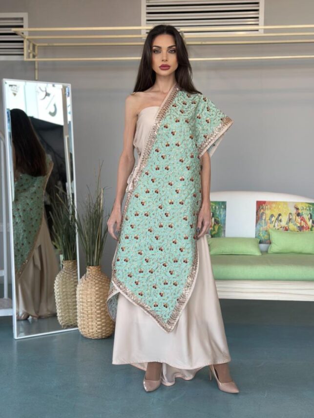 Strapless with Wide Shawl, Crinkle and Satin Materials