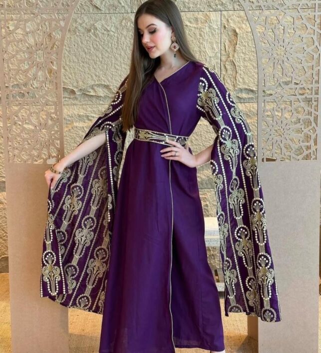 Tail Dress, W/belt & fully golden beads, Cotton Materials