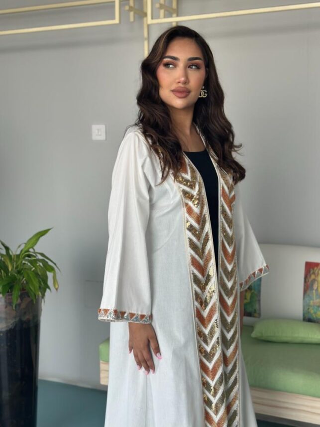 Plain cardigan w/ golden & orange beads embroidery/ Linen cotton materials