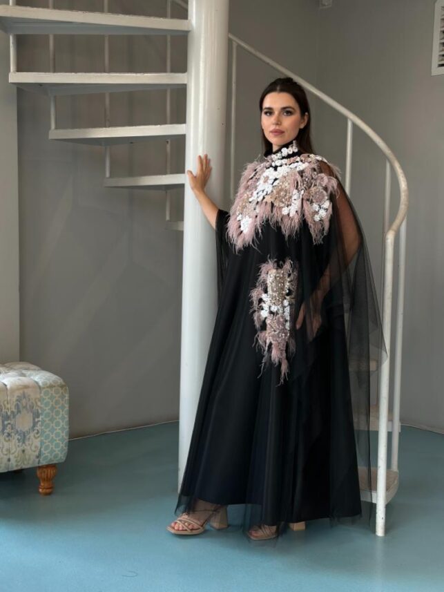 Close Neck Dress W/ Intricate Embroidery Design, Linen & Tulle Materials