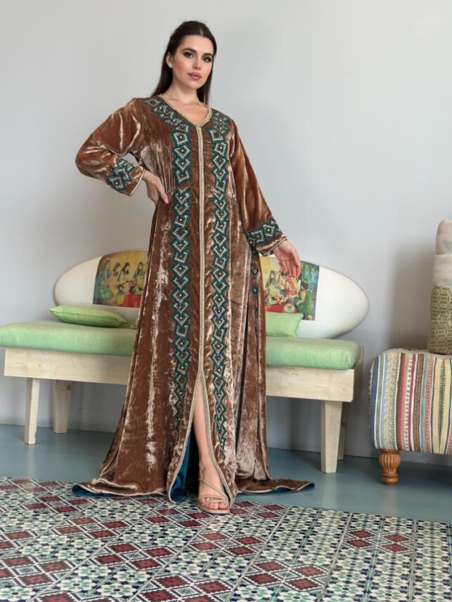 Velvet Moroccan Caftan w/ diamond embroidery & belt, Velvet Materials