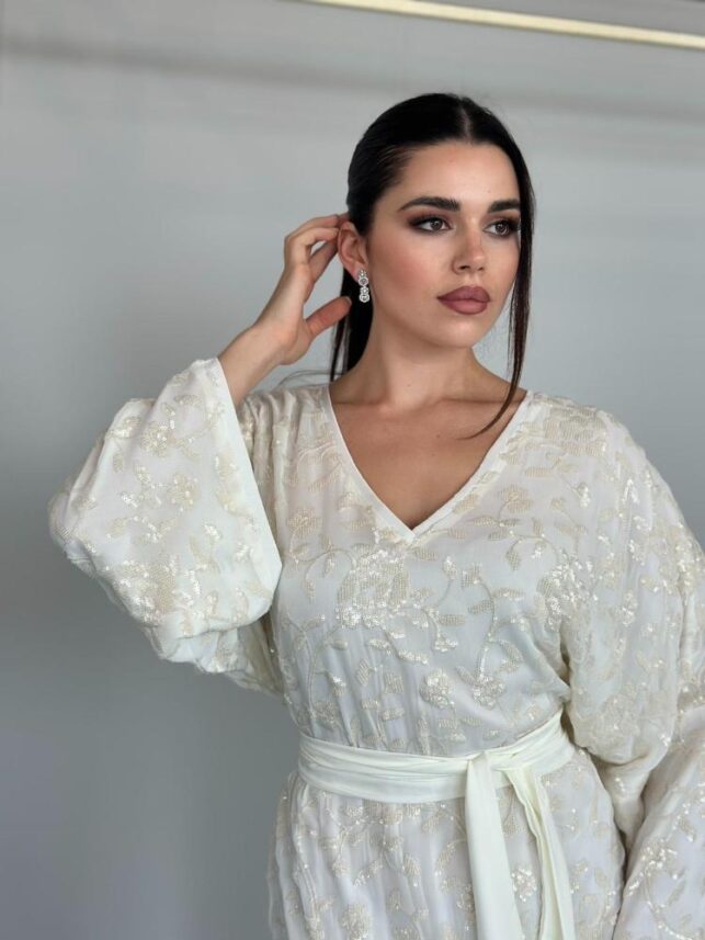 Full beaded Jalabiya with belt, Cotton Materials