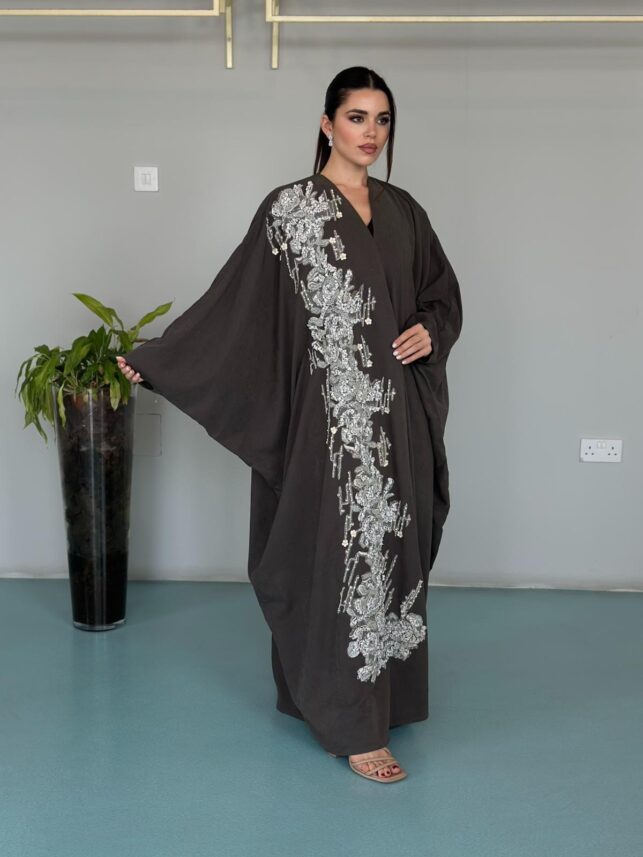 Bisht type Abaya with full sided beads and embroidery, Shamwa Materials
