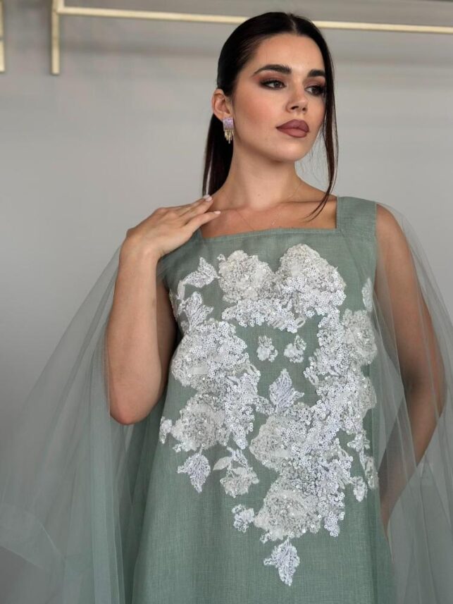 Full beads Jalabiya, Tulle Linen Materials