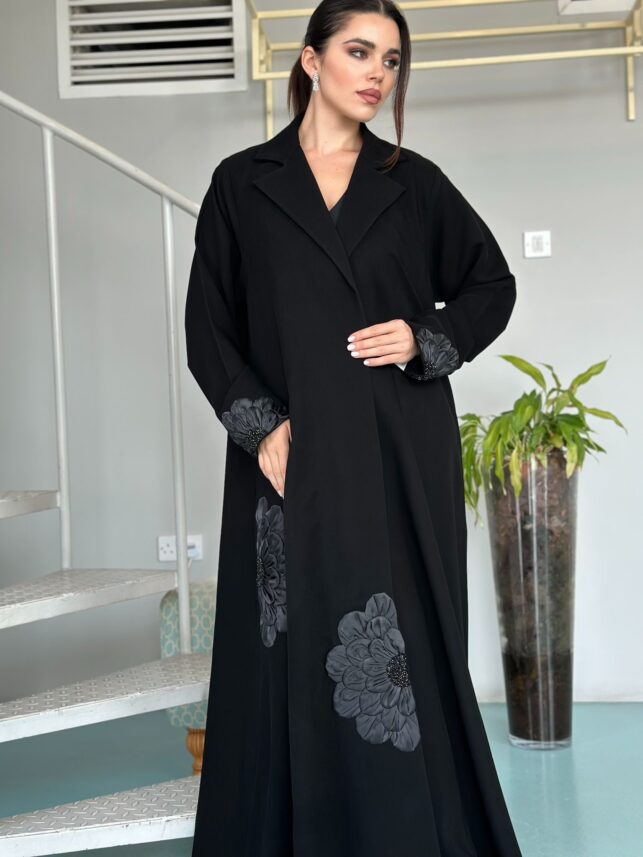 Modern Abaya with colossal flower embroidery, Fine crepe materials