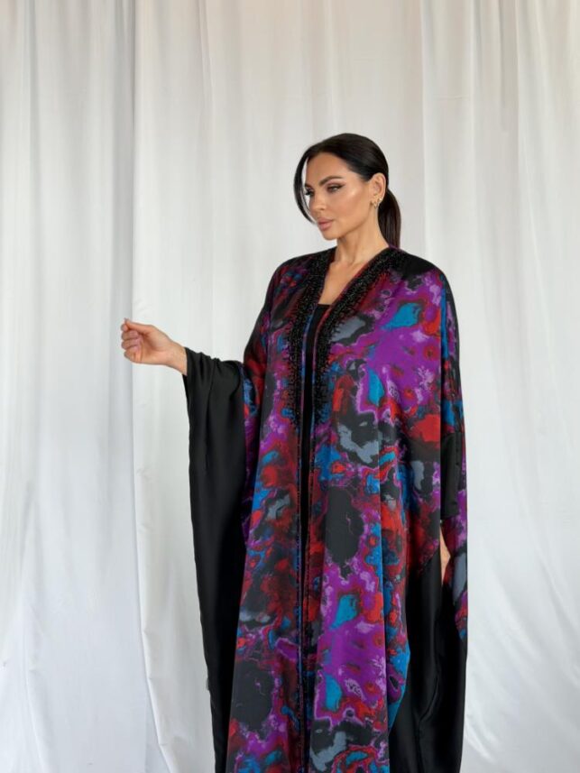 Mixed colored Abaya with full tiny beads, Chiffon & Crepe Materials