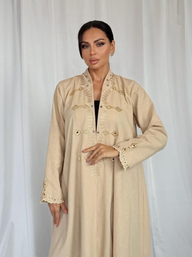 Designed Abaya with Embroidery & tiny beads, Cotton Linen materials