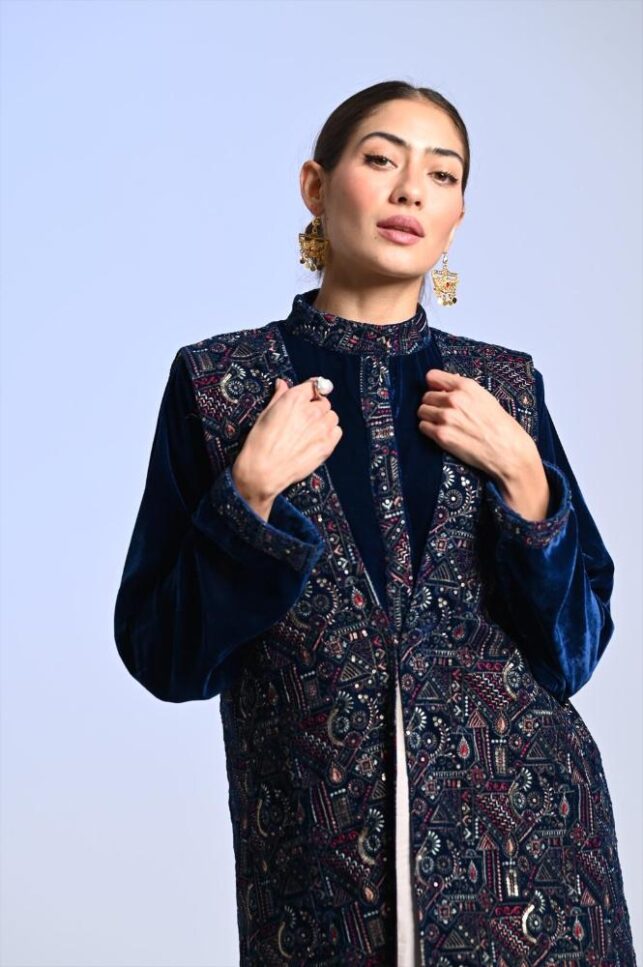 2pc. Jalabiya with full embroidery cardigan, Nylon & Velvet materials
