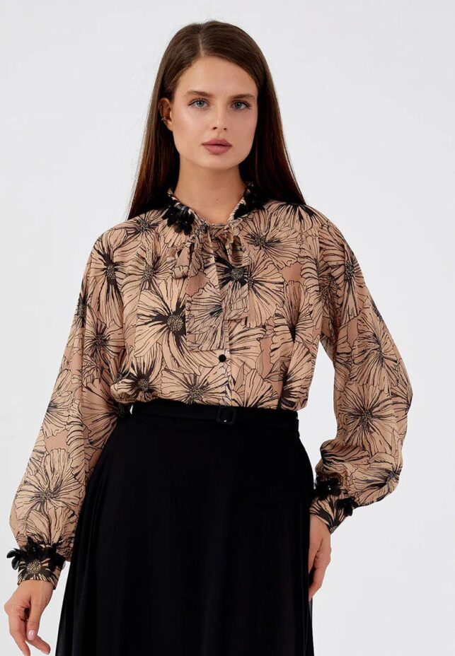 The Elegant Floral Chiffon Two-Piece Set - Brown